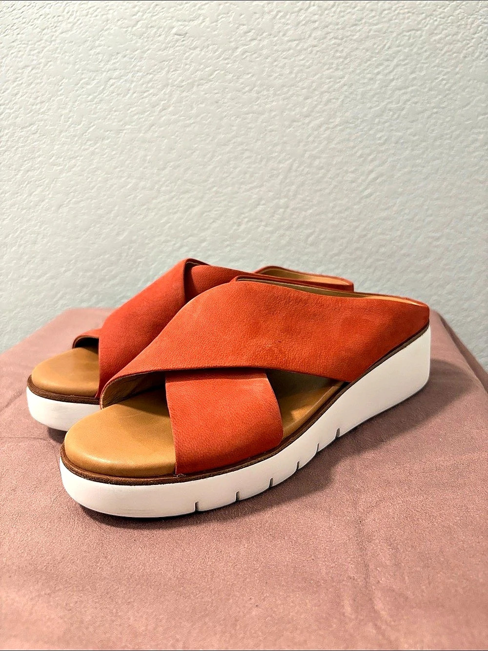 Orange & White Leather Wedge Sandals